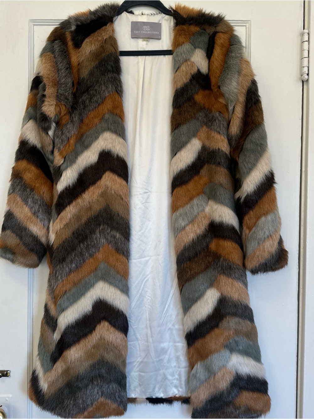 Chevron Faux Fur Coat in Dark Brown, Gray, Cream and Caramel Tart Collection XS